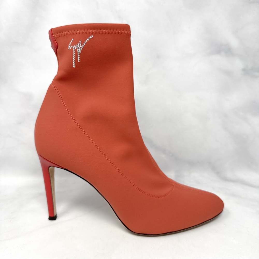 Giuseppe Zanotti Carlee Bimba 90 Rhinestone Logo Sock Bootie Mid Heel Ankle Boot